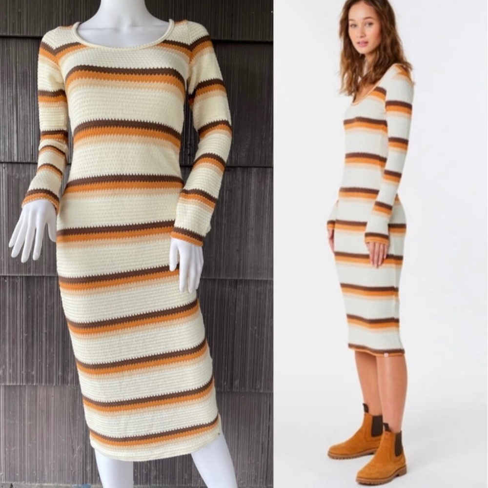 Rip Curl Striped Long Sleeve Dress - Cream, Brown, Tan